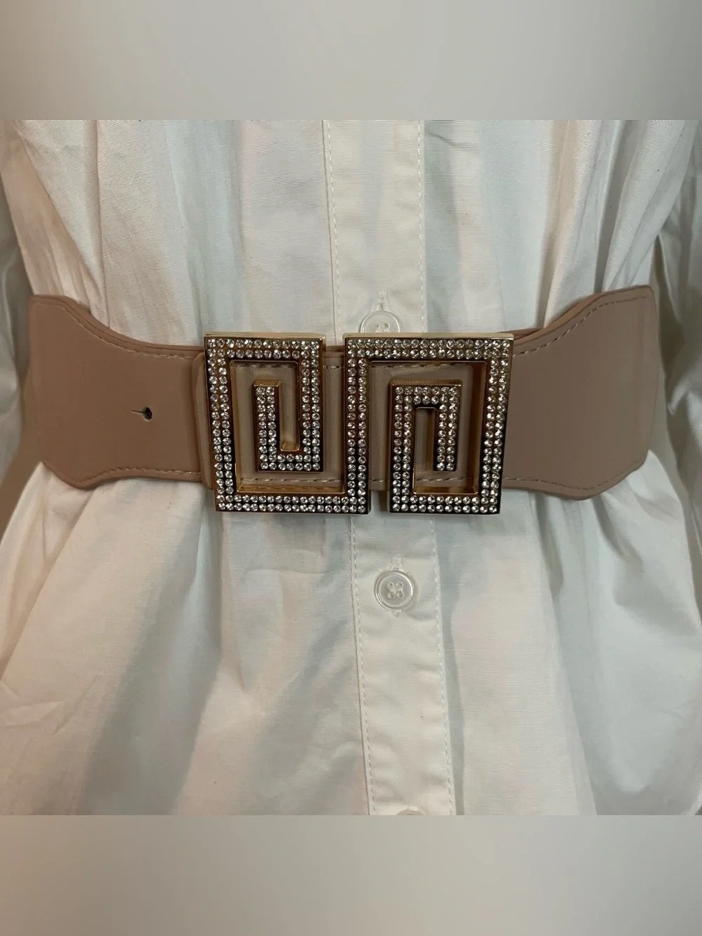 Taupe rectangle buckle with rhinestones elastic waistband belt